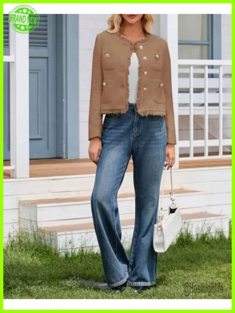 Cropped Tweed Blazer Jacket for Women - Collarless Long Sleeve Button Down Work